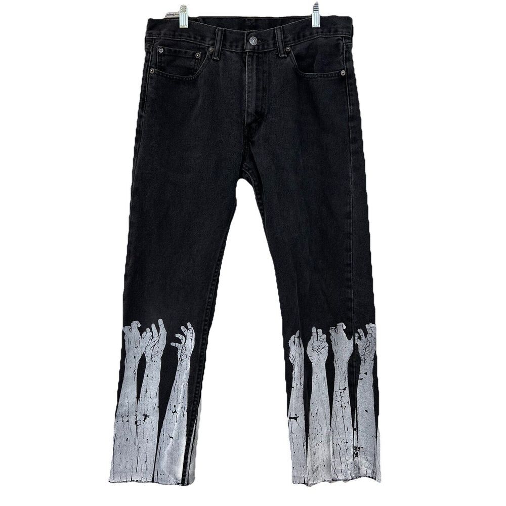 LEVI'S 505 Hand Painted‎ Drip Hands 32x28 Raw Hem Jeans Grunge Punk 🖤🧟‍♂️